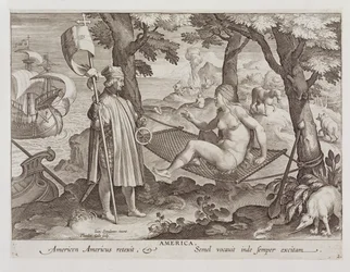 Columbus Discovering America, deska 2 z „Nova Reperta“ (Nové objevy), vyrytý Theodor Galle (1571-1633) kolem 1600